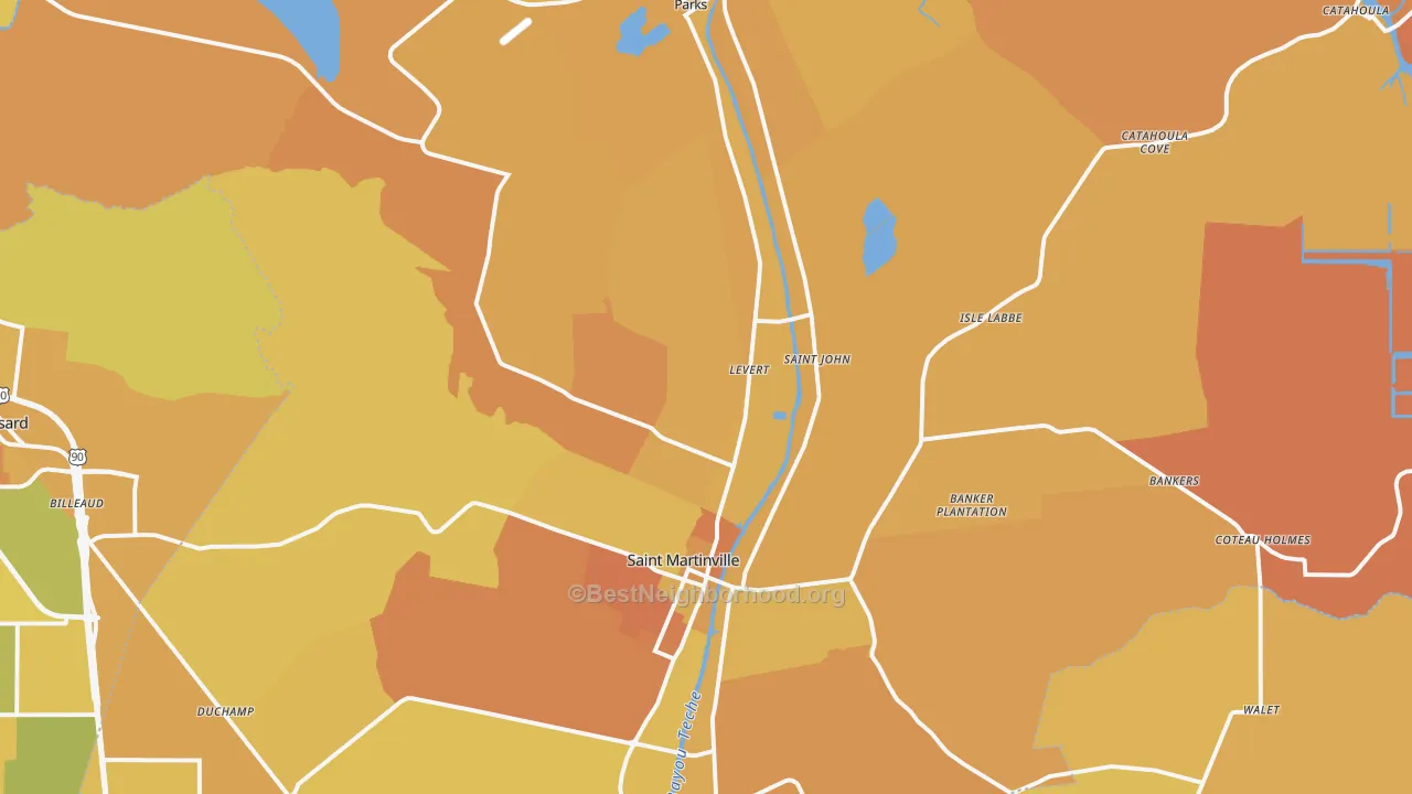 Map of the best neighborhoods in the St. Martinville area, with better matches in green and worse matches in red