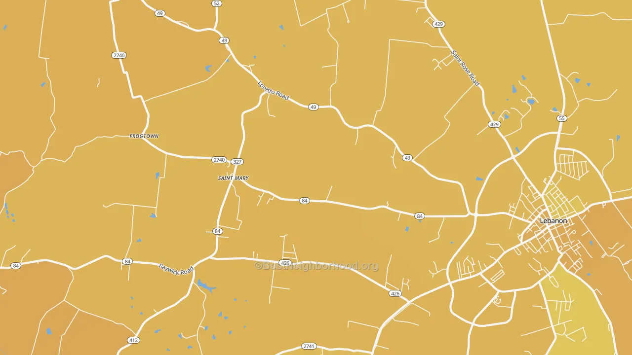 Map of the best neighborhoods in the St. Mary area, with better matches in green and worse matches in red
