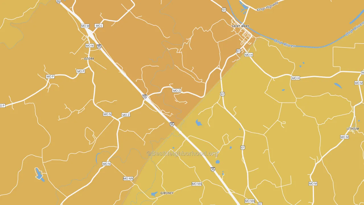 Map of the best neighborhoods in the St. Mary area, with better matches in green and worse matches in red