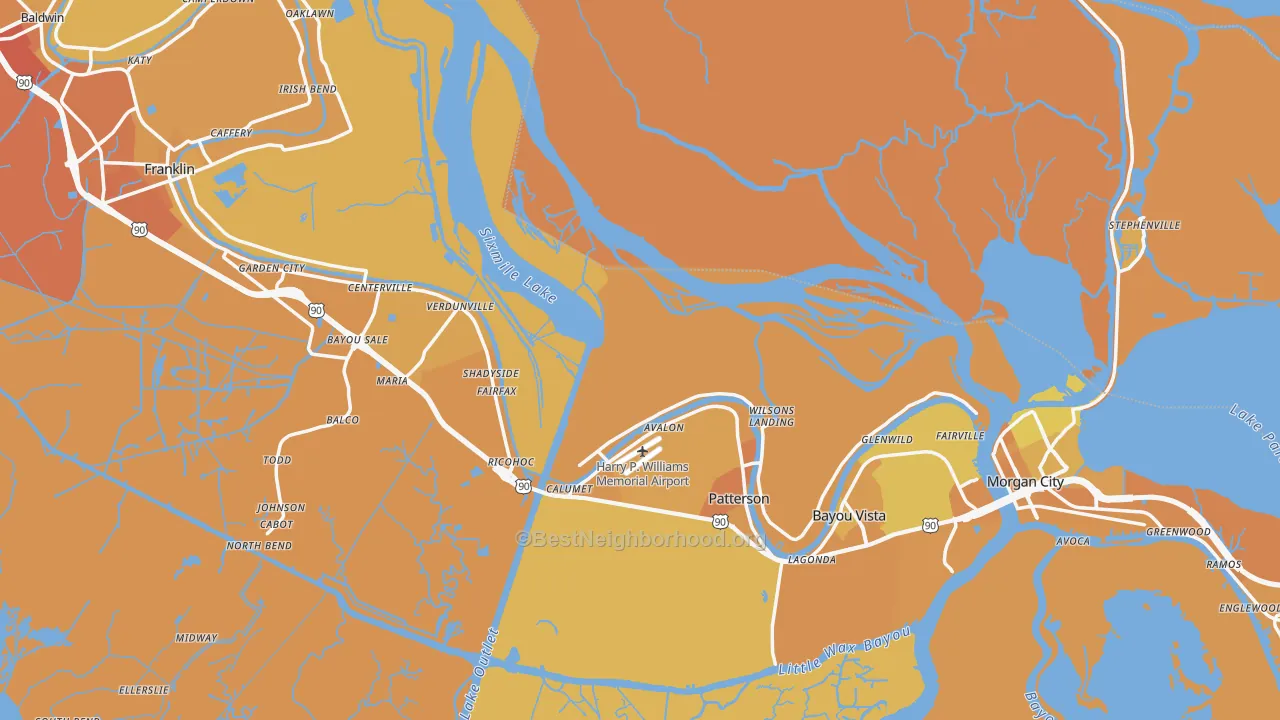 Map of the best neighborhoods in the St. Mary Parish area, with better matches in green and worse matches in red