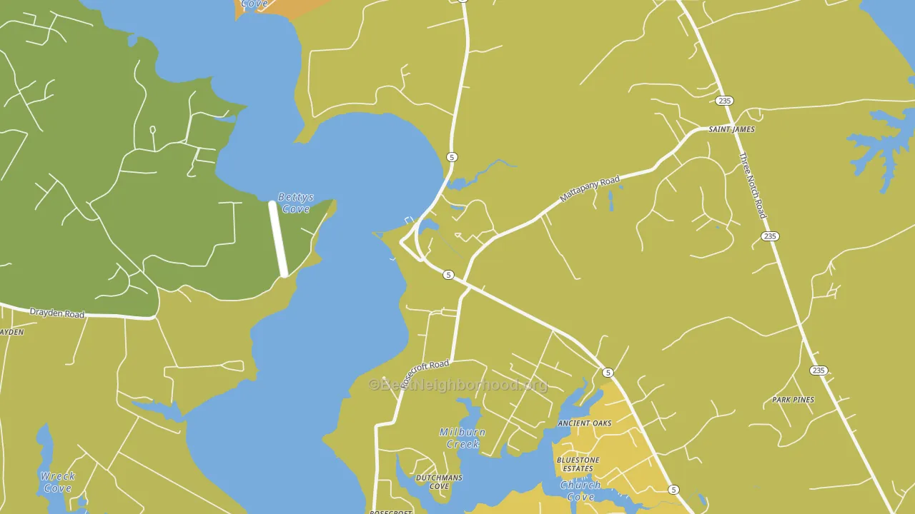 Map of the best neighborhoods in the St. Marys City area, with better matches in green and worse matches in red