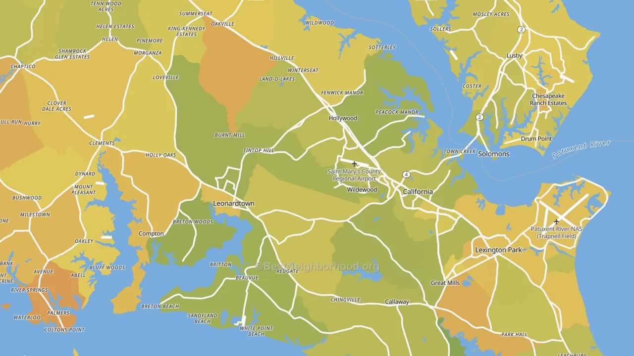 Map of the best neighborhoods in the St. Mary's County area, with better matches in green and worse matches in red