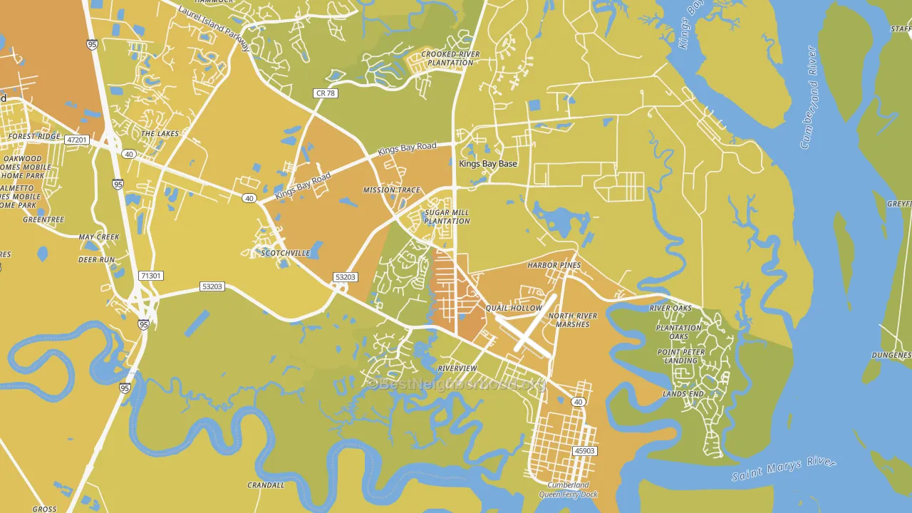 Map of the best neighborhoods in the St. Marys area, with better matches in green and worse matches in red