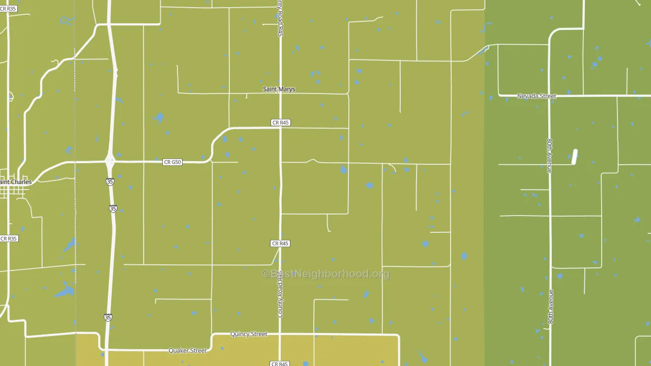 Map of the best neighborhoods in the St. Marys area, with better matches in green and worse matches in red