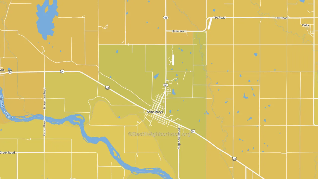 Map of the best neighborhoods in the St. Marys area, with better matches in green and worse matches in red