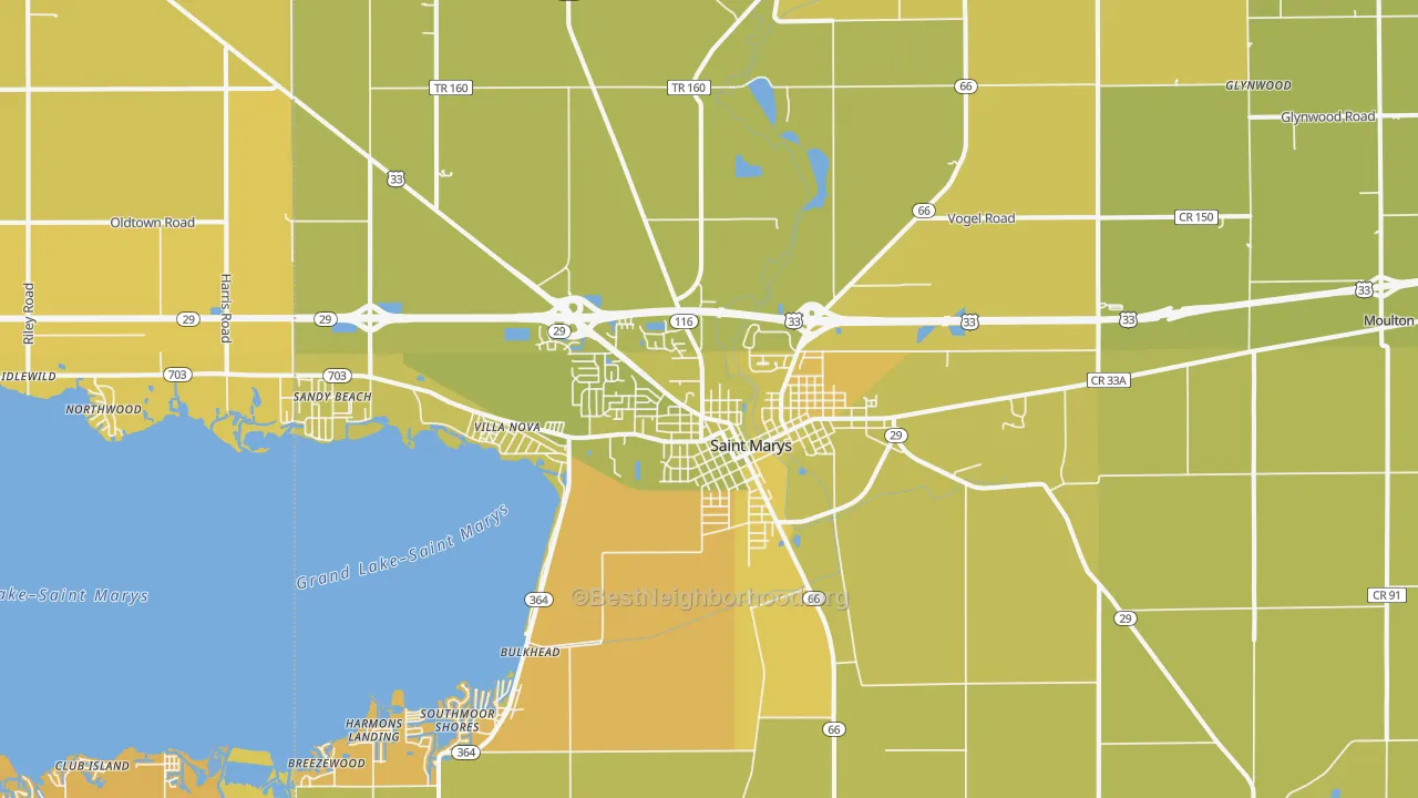 Map of the best neighborhoods in the St. Marys area, with better matches in green and worse matches in red