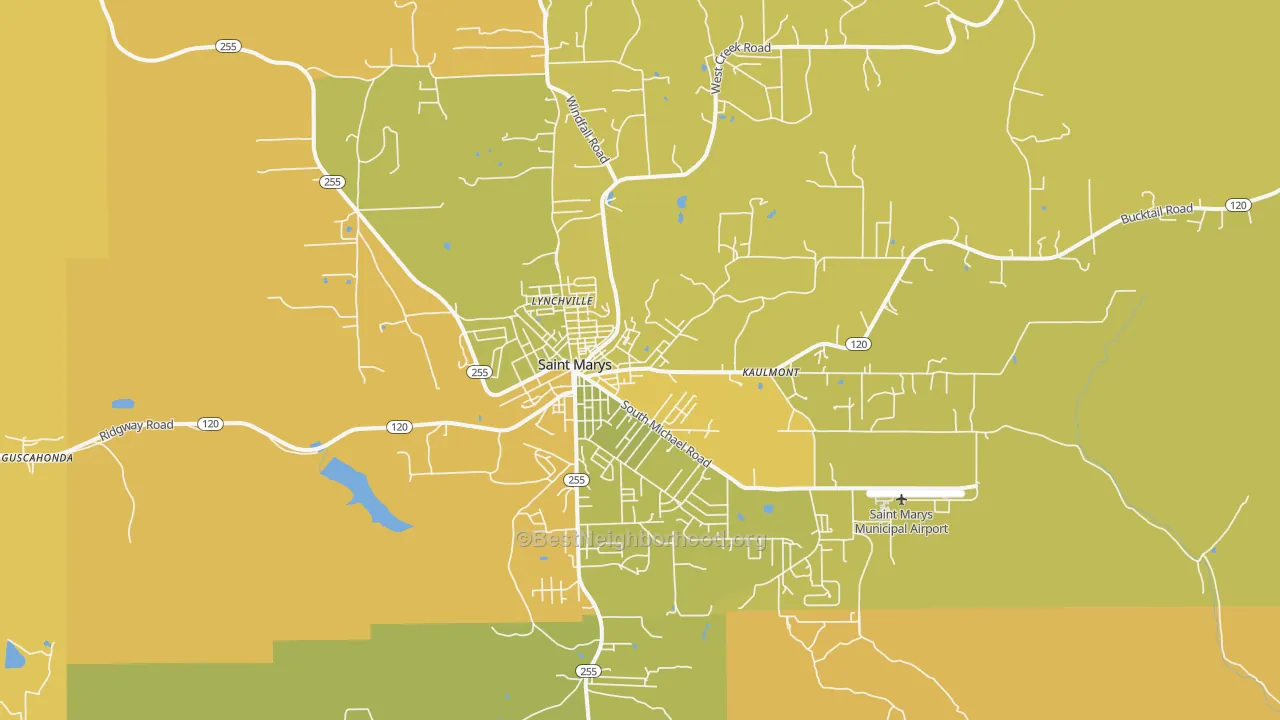 Map of the best neighborhoods in the St. Marys area, with better matches in green and worse matches in red