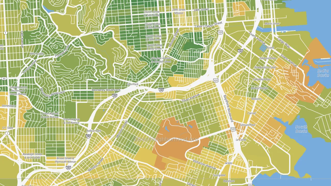 Map of the best neighborhoods in the St Marys Park, San Francisco area, with better matches in green and worse matches in red