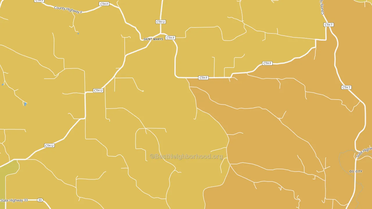 Map of the best neighborhoods in the St. Marys area, with better matches in green and worse matches in red