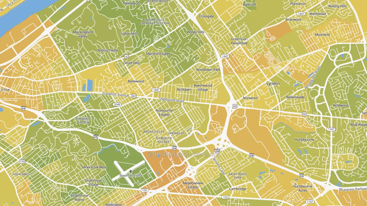 Map of the best neighborhoods in the St. Matthews area, with better matches in green and worse matches in red