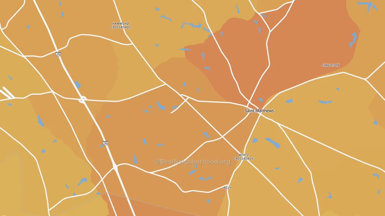 Map of the best neighborhoods in the St. Matthews area, with better matches in green and worse matches in red
