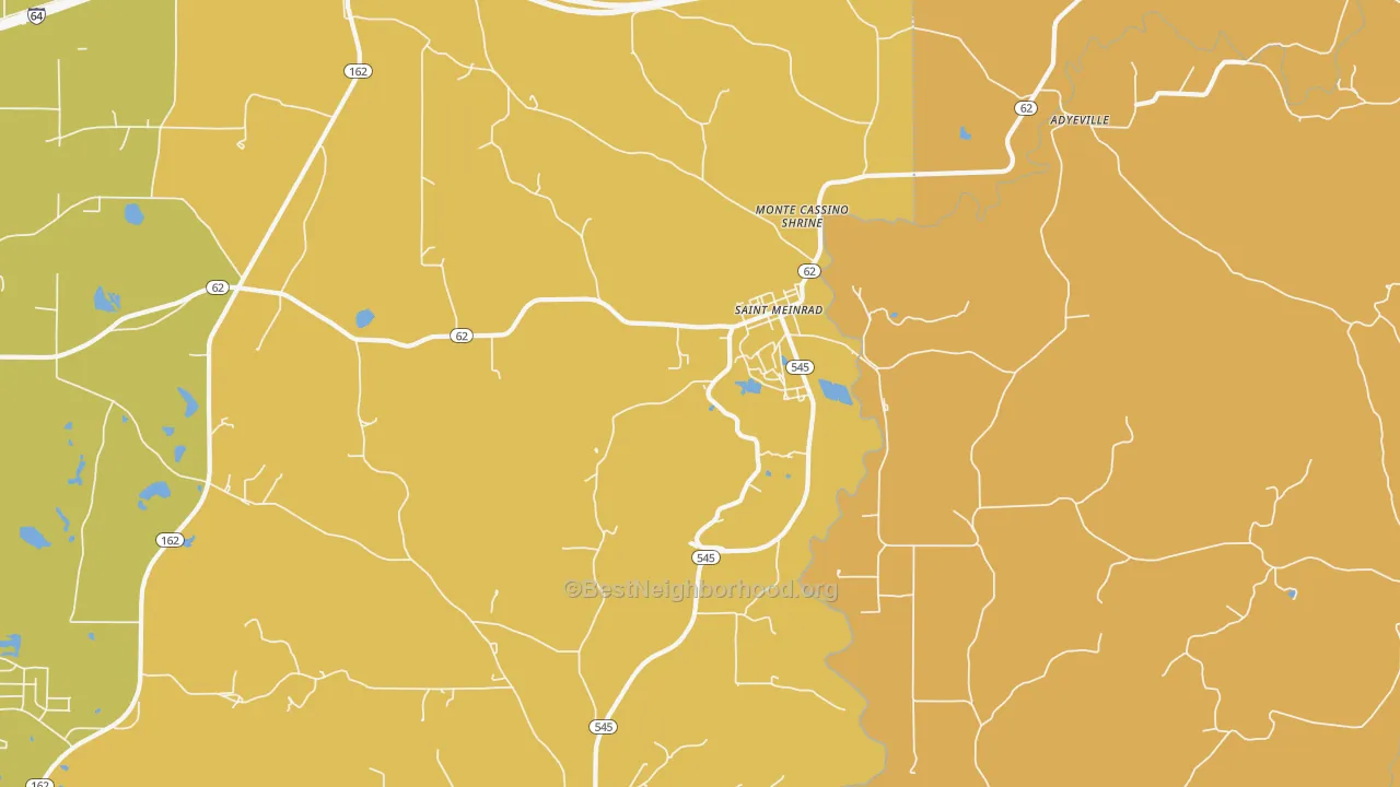 Map of the best neighborhoods in the St. Meinrad area, with better matches in green and worse matches in red