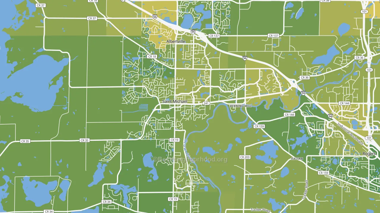 Map of the best neighborhoods in the St. Michael area, with better matches in green and worse matches in red