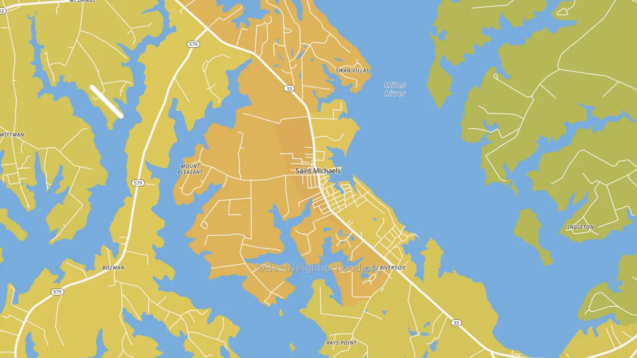 Map of the best neighborhoods in the St. Michaels area, with better matches in green and worse matches in red