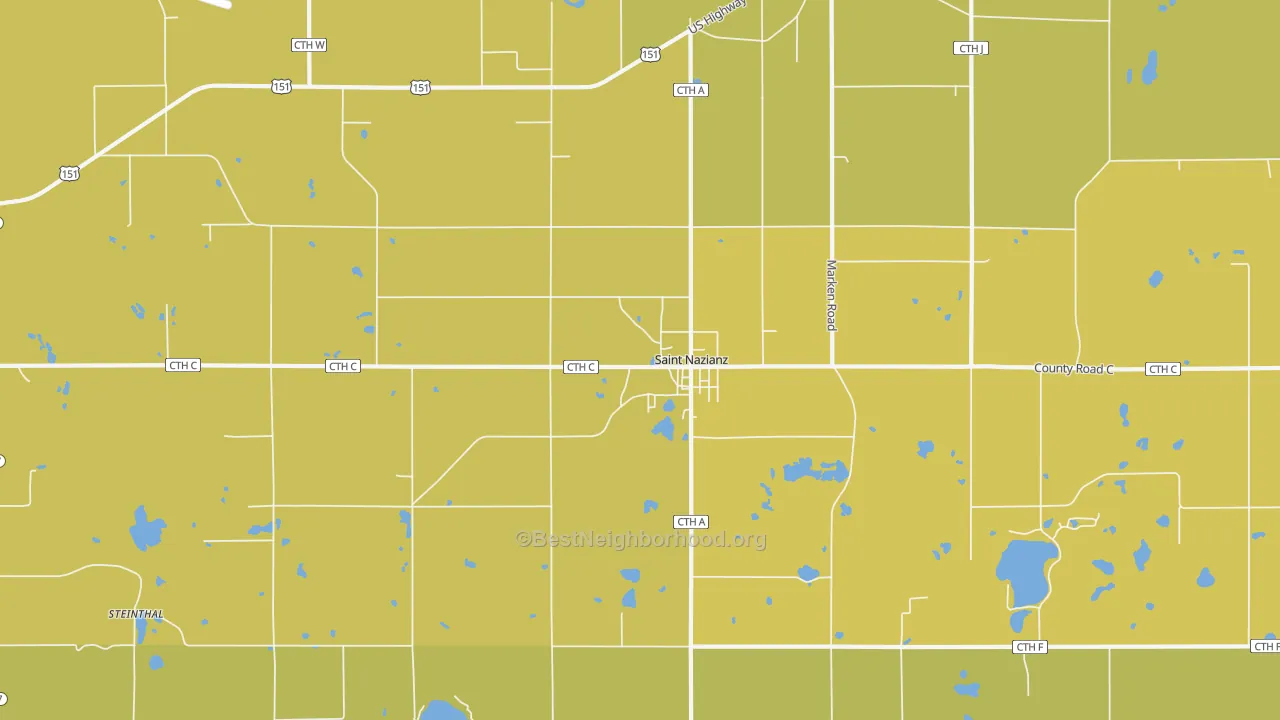 Map of the best neighborhoods in the St. Nazianz area, with better matches in green and worse matches in red