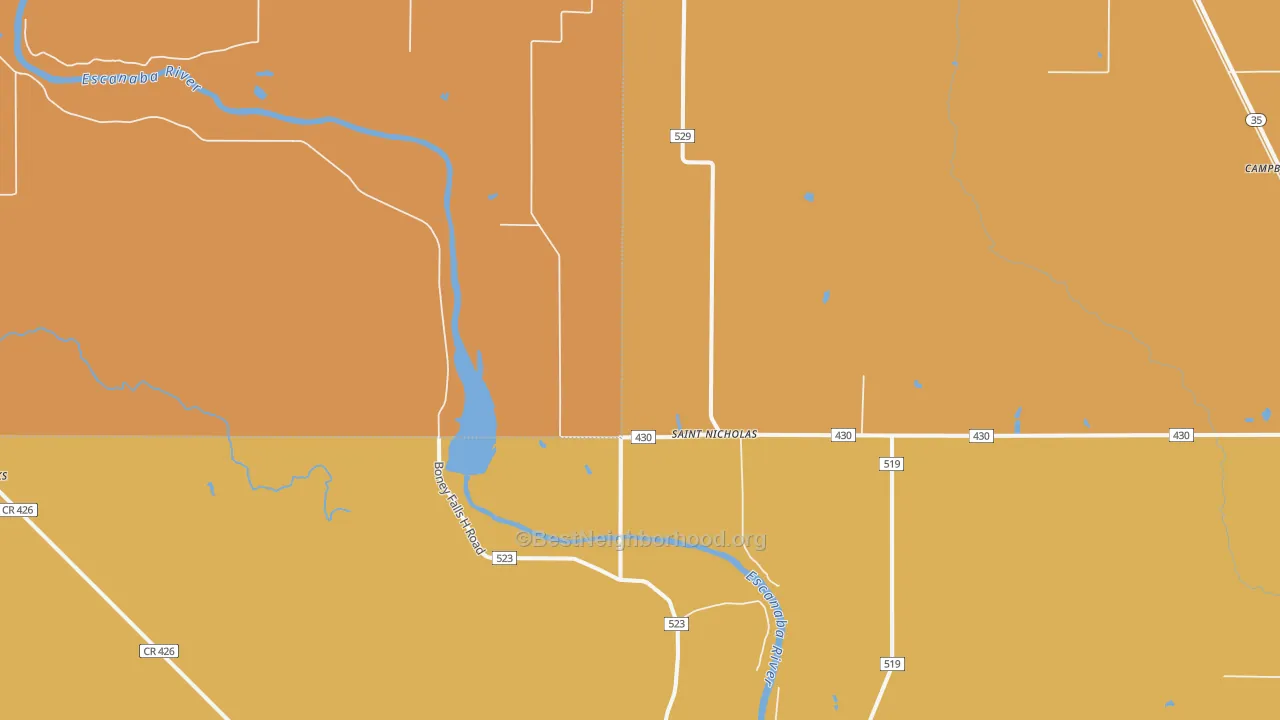 Map of the best neighborhoods in the St. Nicholas area, with better matches in green and worse matches in red