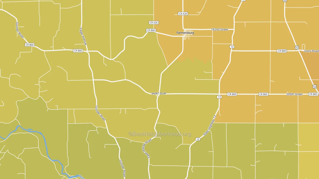 Map of the best neighborhoods in the St. Olaf area, with better matches in green and worse matches in red