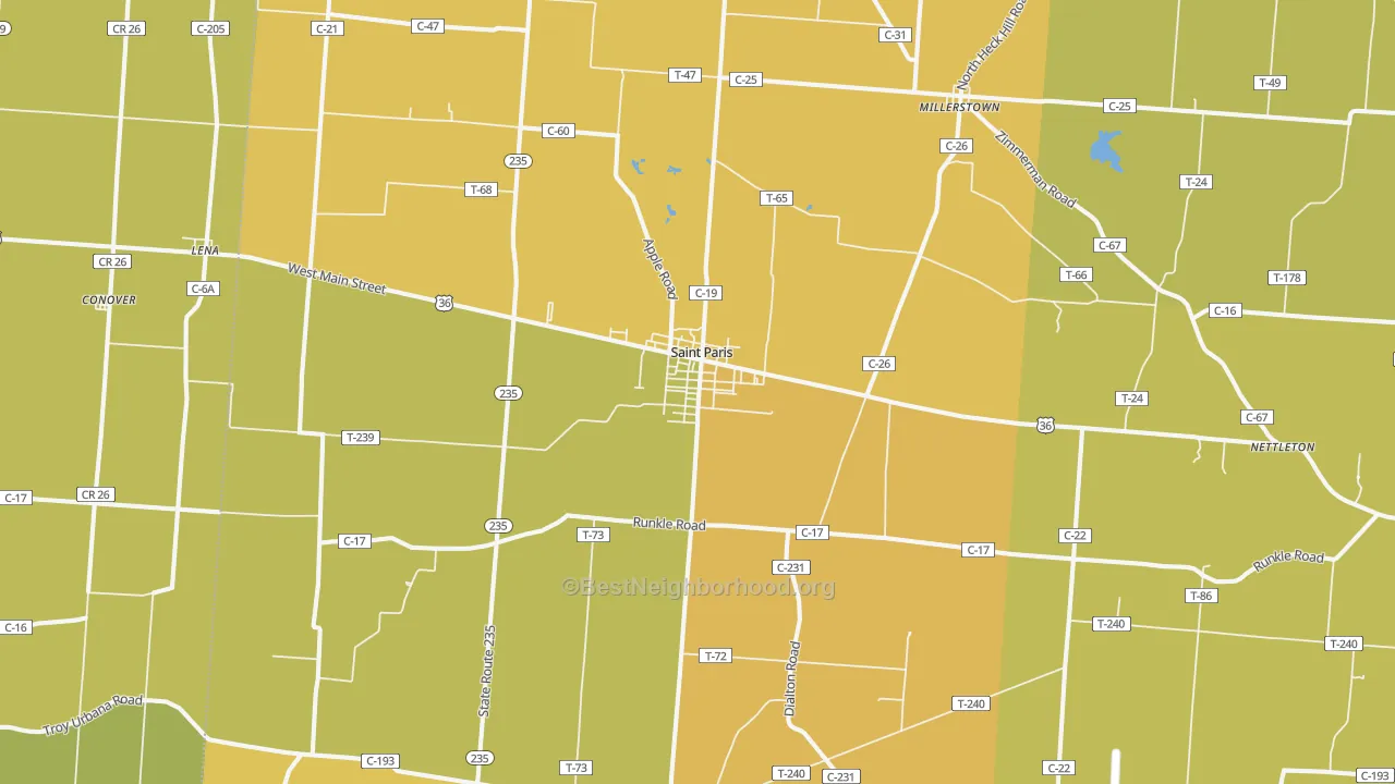 Map of the best neighborhoods in the St. Paris area, with better matches in green and worse matches in red