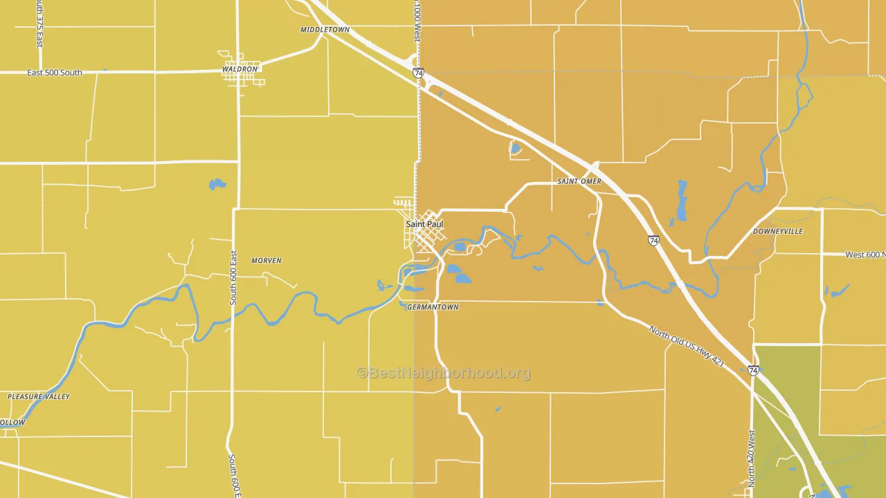 Map of the best neighborhoods in the St. Paul area, with better matches in green and worse matches in red
