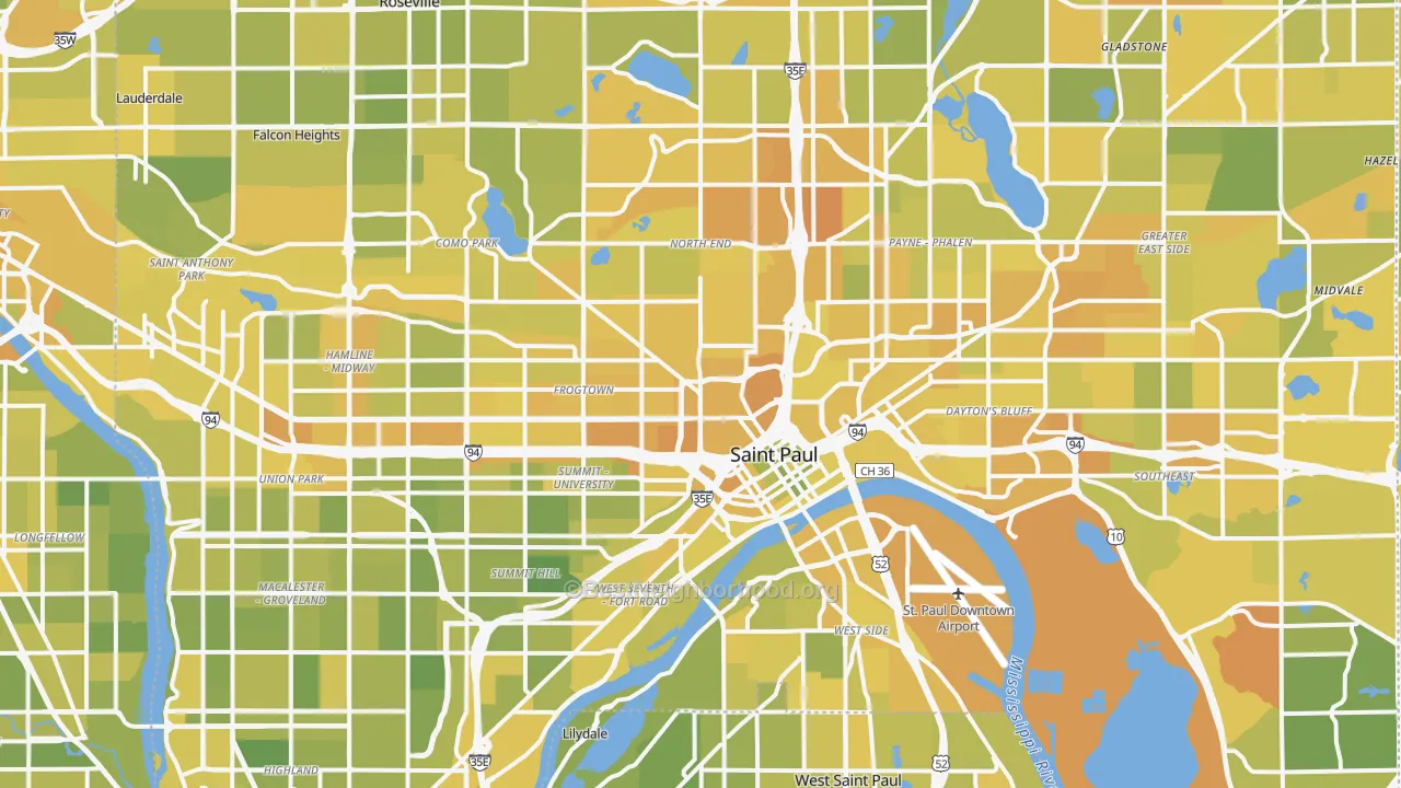 Map of the best neighborhoods in the St. Paul area, with better matches in green and worse matches in red