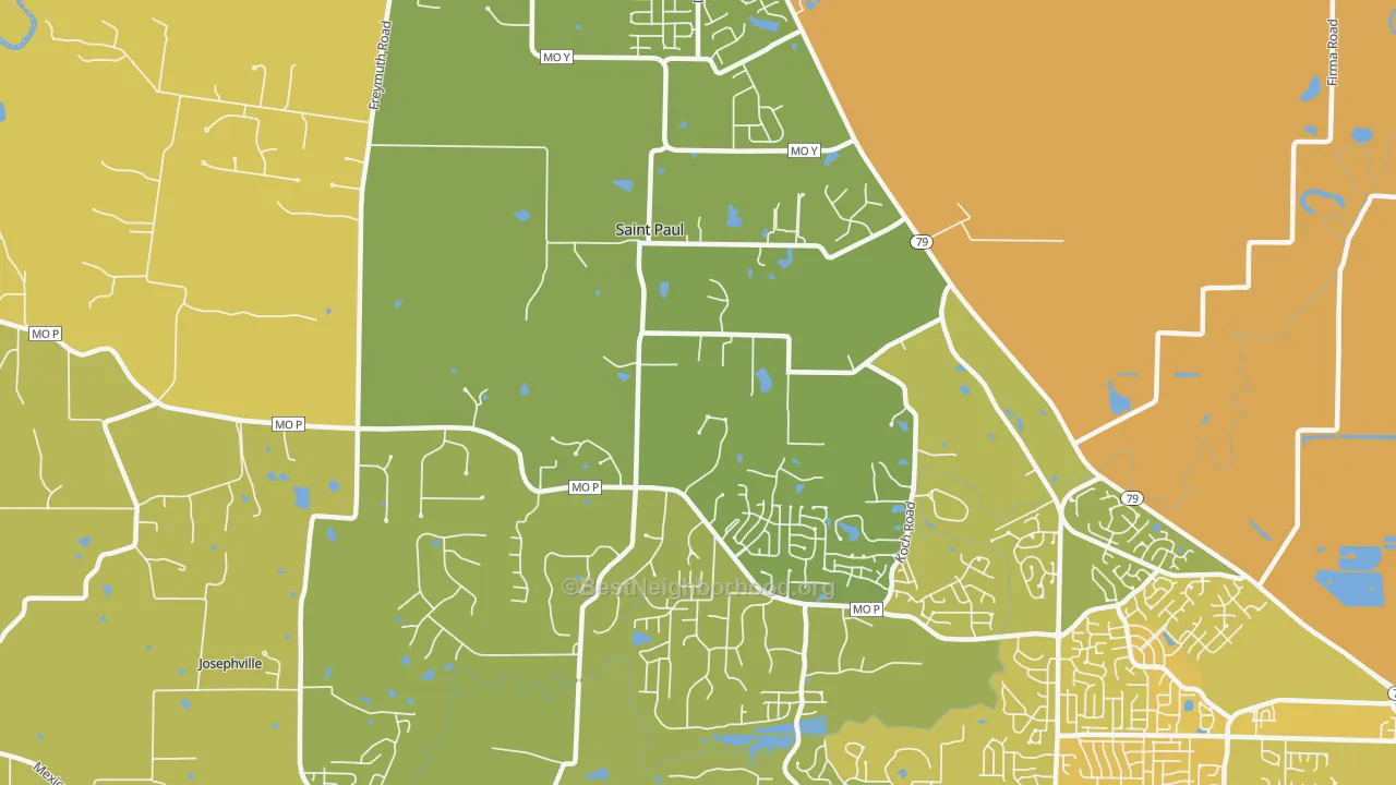 Map of the best neighborhoods in the St. Paul area, with better matches in green and worse matches in red