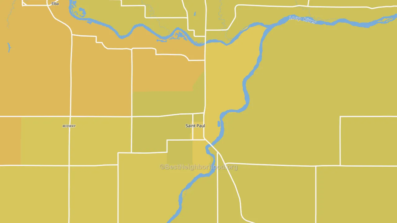 Map of the best neighborhoods in the St. Paul area, with better matches in green and worse matches in red