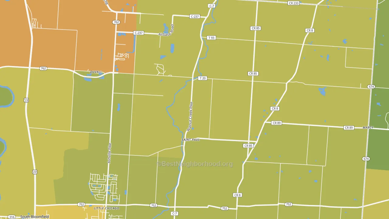 Map of the best neighborhoods in the St. Paul area, with better matches in green and worse matches in red