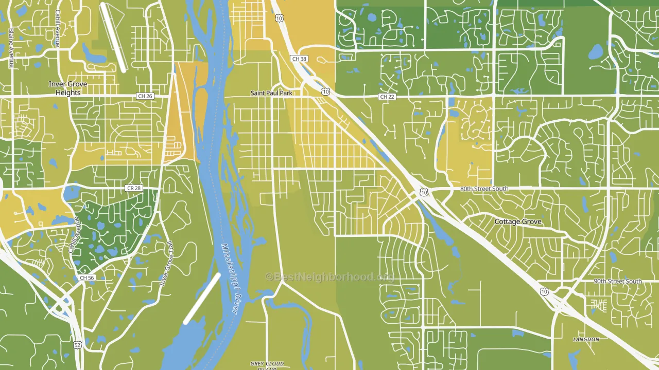 Map of the best neighborhoods in the St. Paul Park area, with better matches in green and worse matches in red