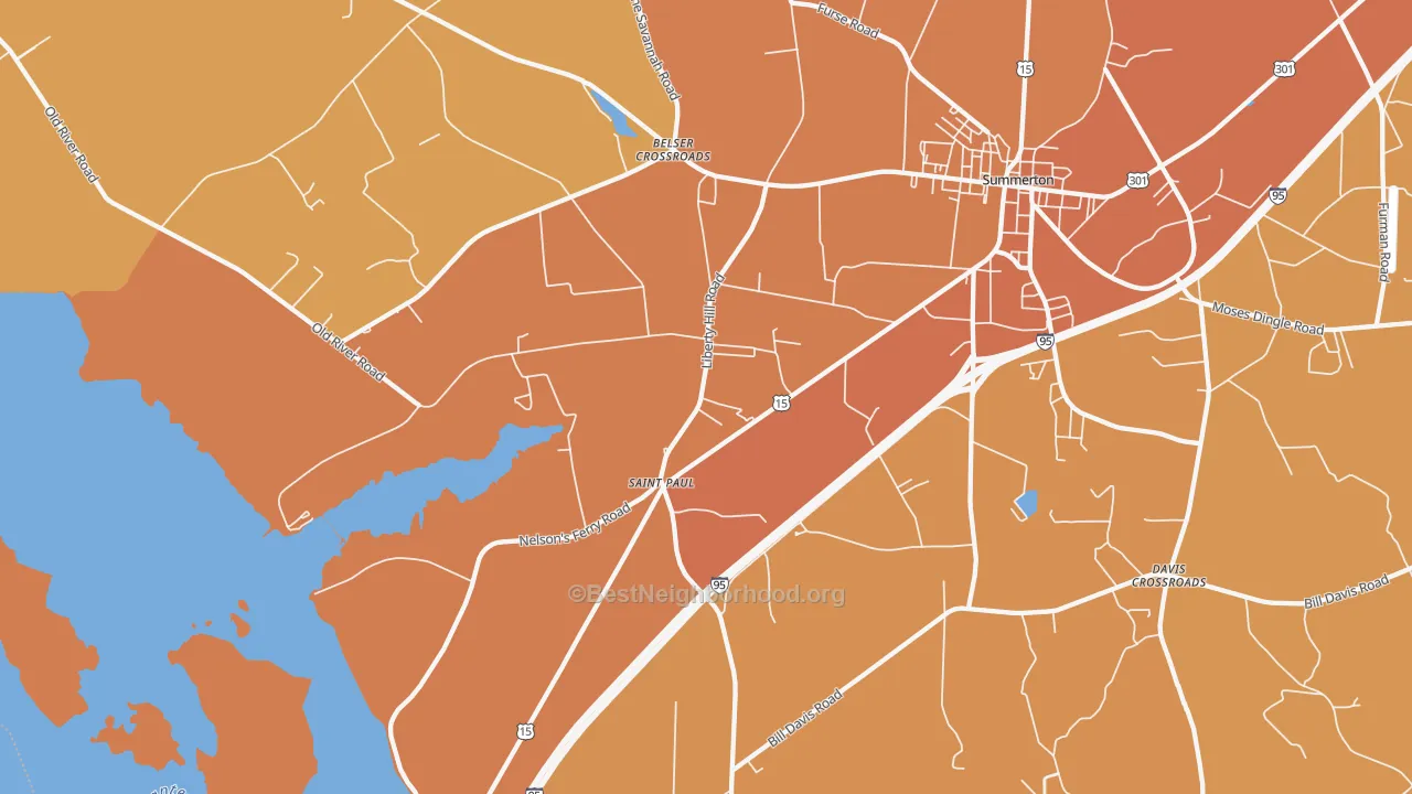 Map of the best neighborhoods in the St. Paul area, with better matches in green and worse matches in red