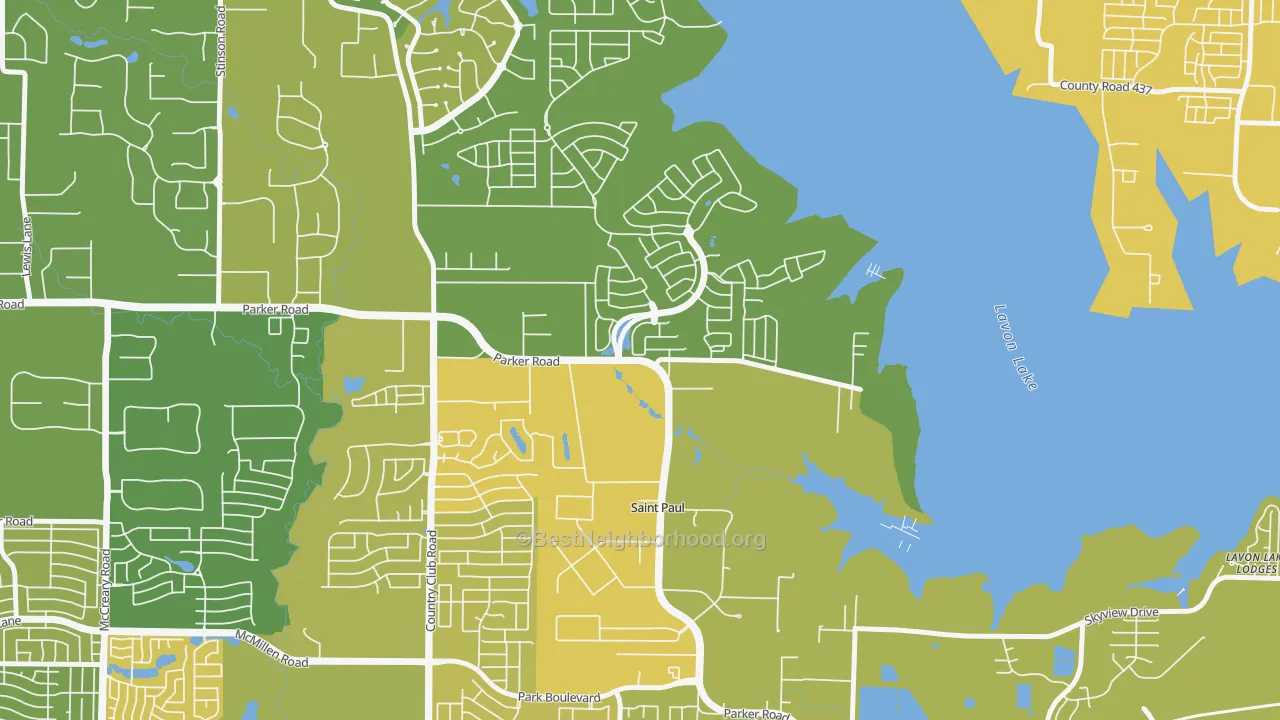 Map of the best neighborhoods in the St. Paul area, with better matches in green and worse matches in red