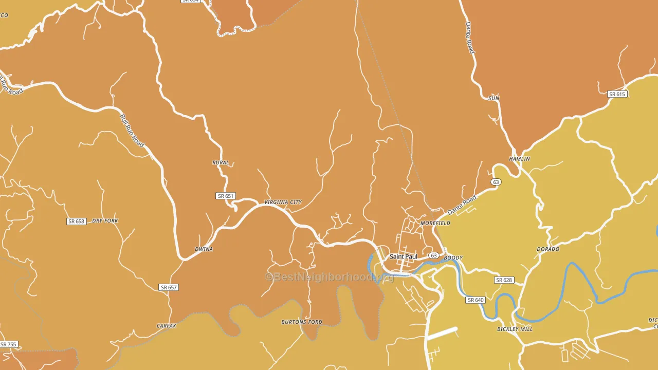 Map of the best neighborhoods in the St. Paul area, with better matches in green and worse matches in red