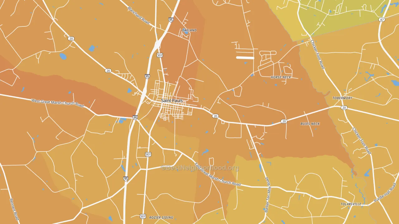 Map of the best neighborhoods in the St. Pauls area, with better matches in green and worse matches in red