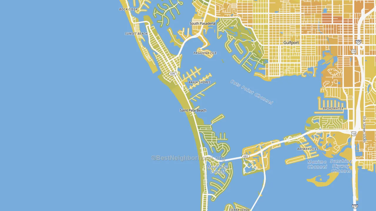Map of the best neighborhoods in the St. Pete Beach area, with better matches in green and worse matches in red