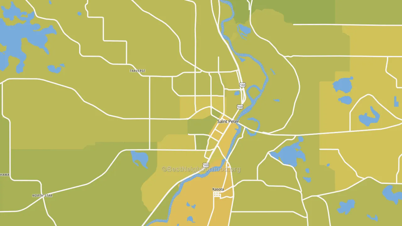 Map of the best neighborhoods in the St. Peter area, with better matches in green and worse matches in red