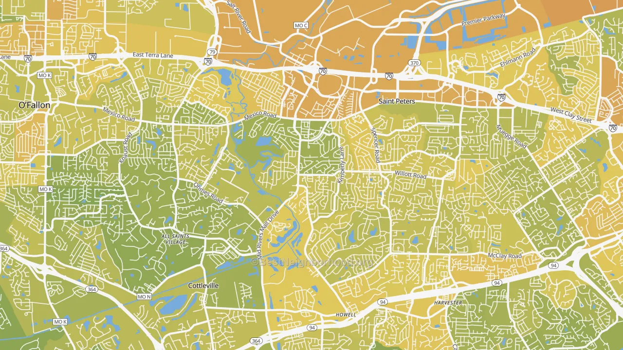 Map of the best neighborhoods in the St. Peters area, with better matches in green and worse matches in red