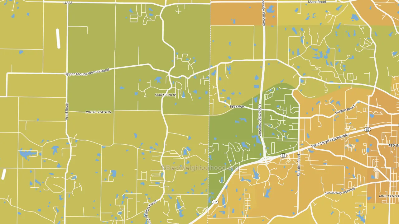 Map of the best neighborhoods in the St. Philip area, with better matches in green and worse matches in red