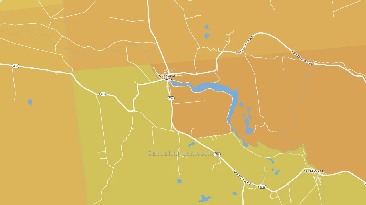 Map of the best neighborhoods in the St. Regis Falls area, with better matches in green and worse matches in red