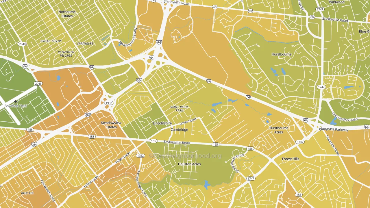 Map of the best neighborhoods in the St. Regis Park area, with better matches in green and worse matches in red