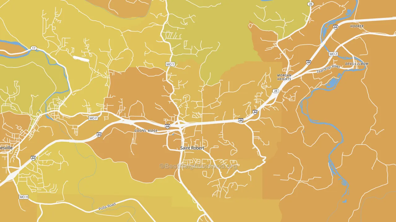 Map of the best neighborhoods in the St. Robert area, with better matches in green and worse matches in red