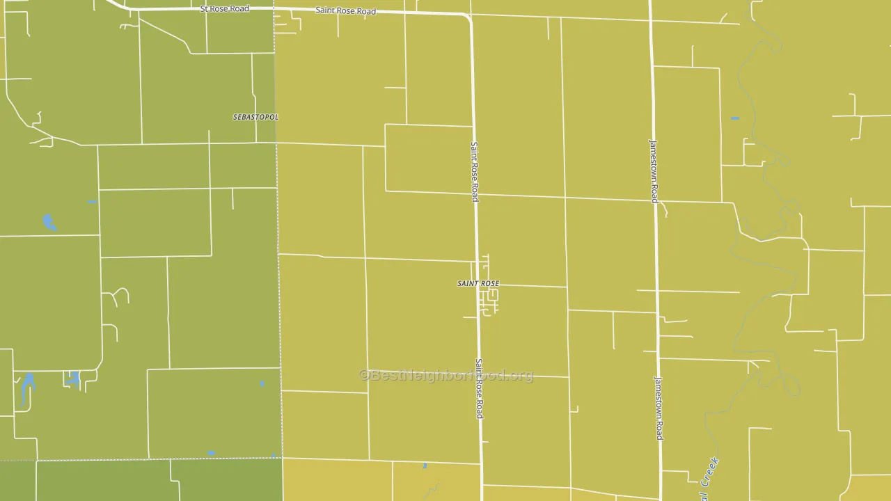 Map of the best neighborhoods in the St. Rose area, with better matches in green and worse matches in red