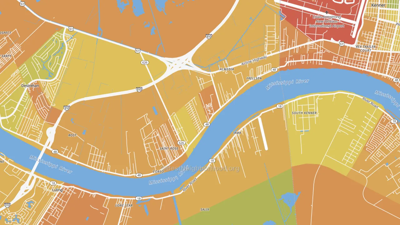 Map of the best neighborhoods in the St. Rose area, with better matches in green and worse matches in red