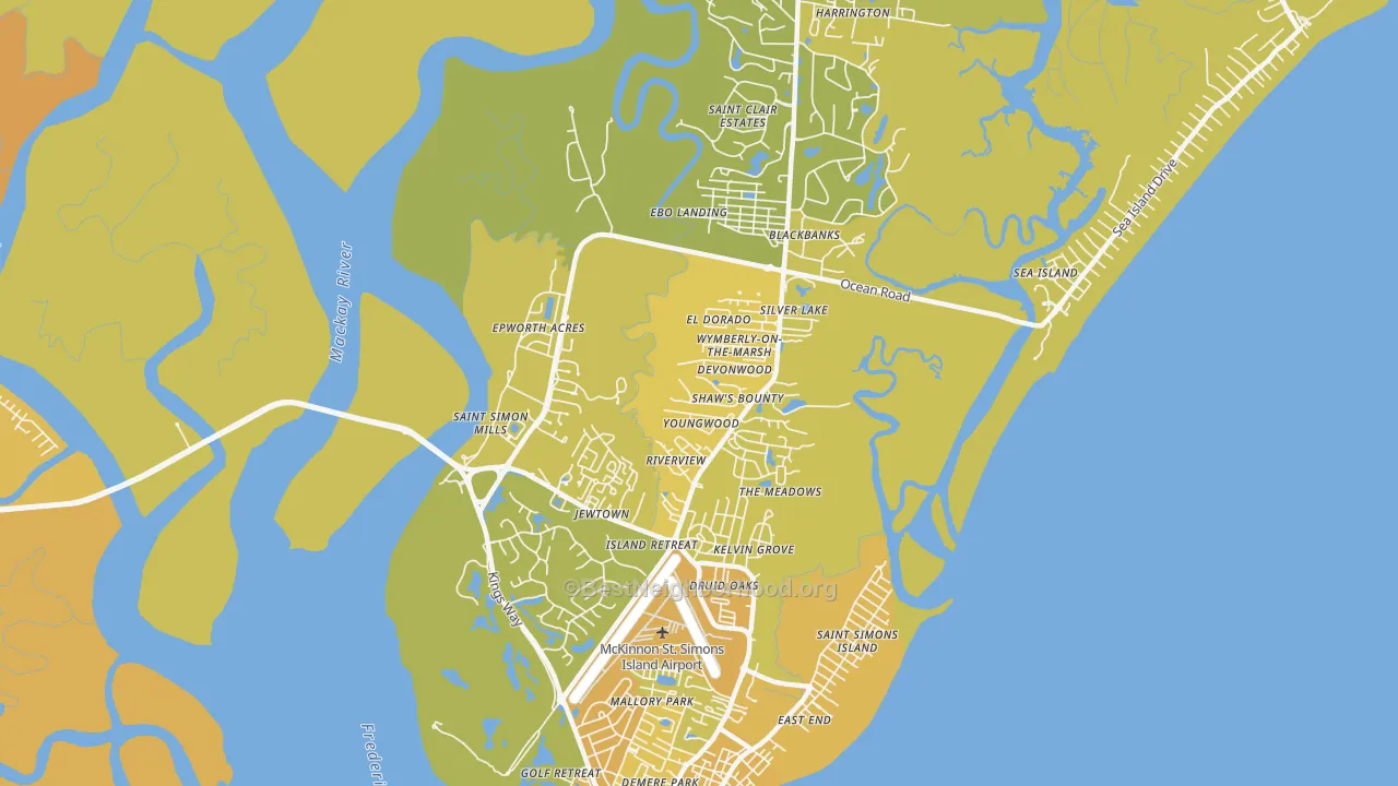 Map of the best neighborhoods in the St. Simons area, with better matches in green and worse matches in red