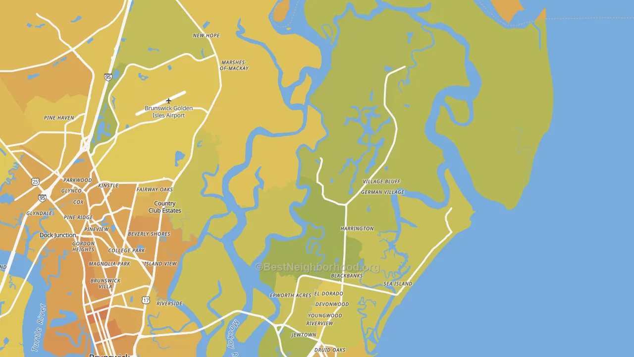 Map of the best neighborhoods in the St. Simons Island area, with better matches in green and worse matches in red