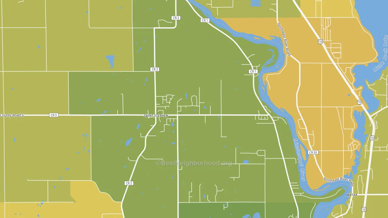 Map of the best neighborhoods in the St. Stephen area, with better matches in green and worse matches in red