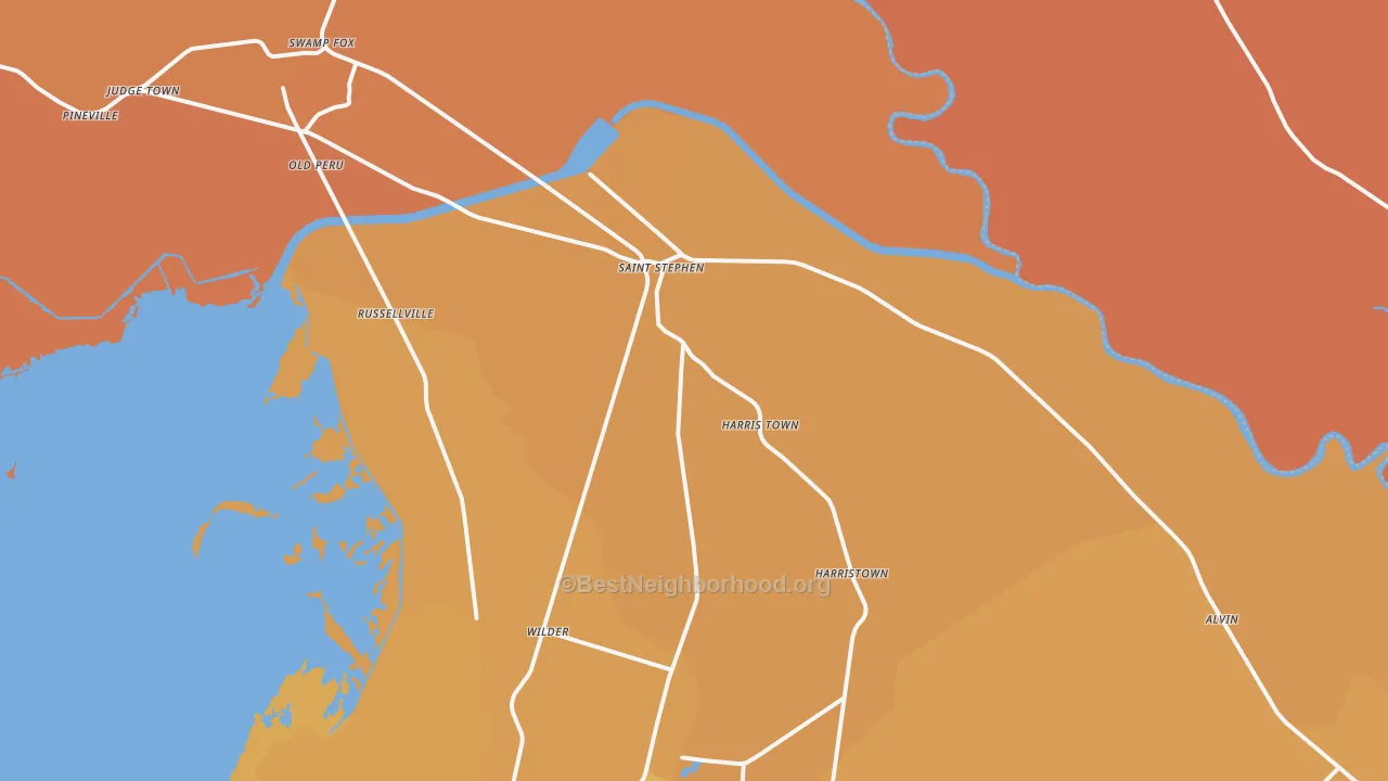 Map of the best neighborhoods in the St. Stephen area, with better matches in green and worse matches in red
