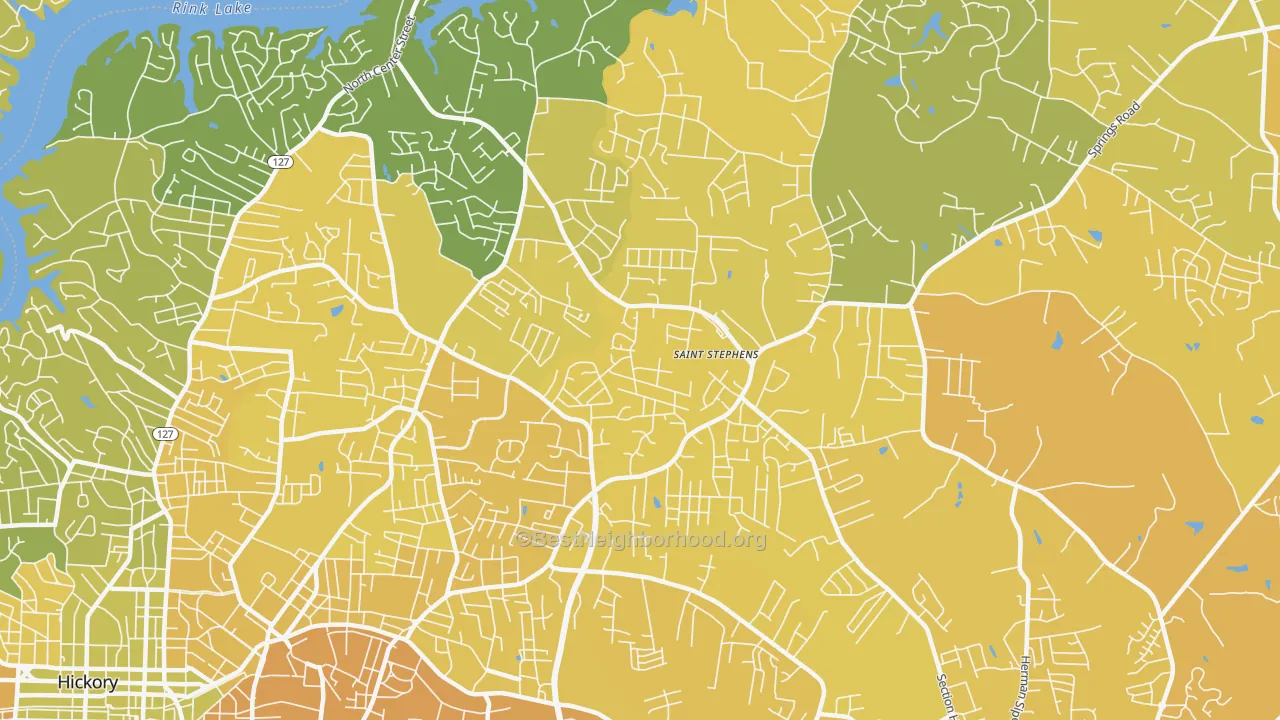 Map of the best neighborhoods in the St. Stephens area, with better matches in green and worse matches in red
