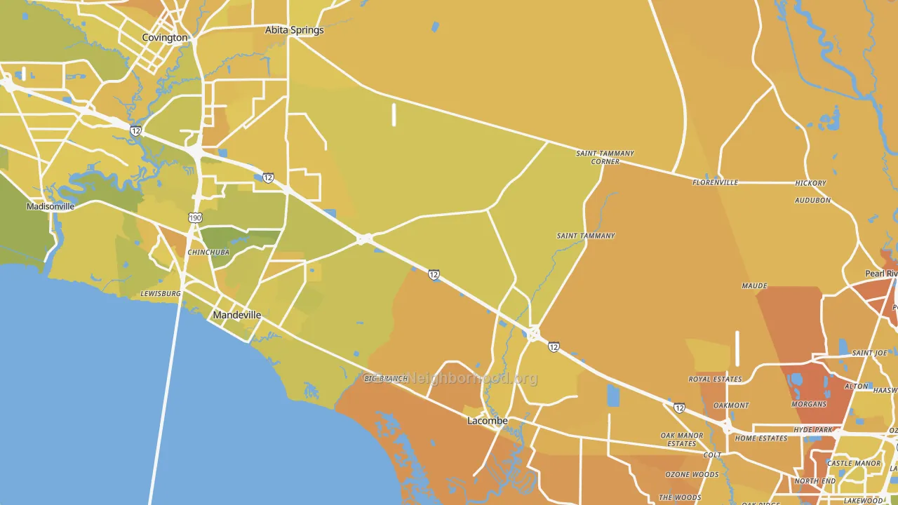 Map of the best neighborhoods in the St. Tammany Parish area, with better matches in green and worse matches in red