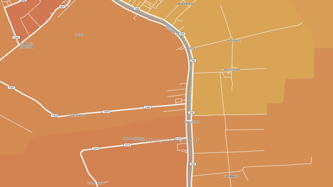 Map of the best neighborhoods in the St. Thomas area, with better matches in green and worse matches in red