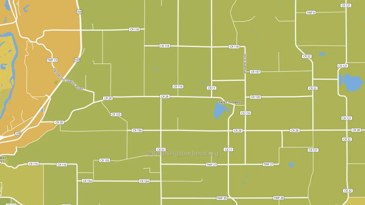 Map of the best neighborhoods in the St. Thomas area, with better matches in green and worse matches in red