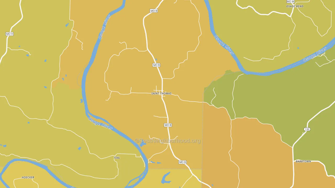 Map of the best neighborhoods in the St. Thomas area, with better matches in green and worse matches in red